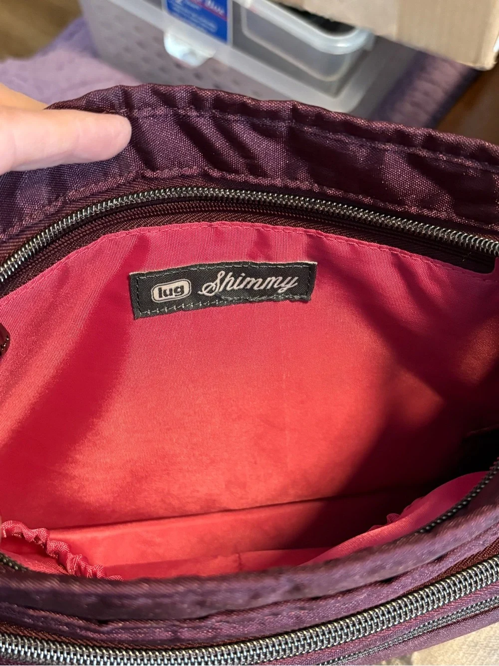 lug Quilted Shimmy Crossbody Bag in Burgundy with Pink Lining - Picture 2 of 4